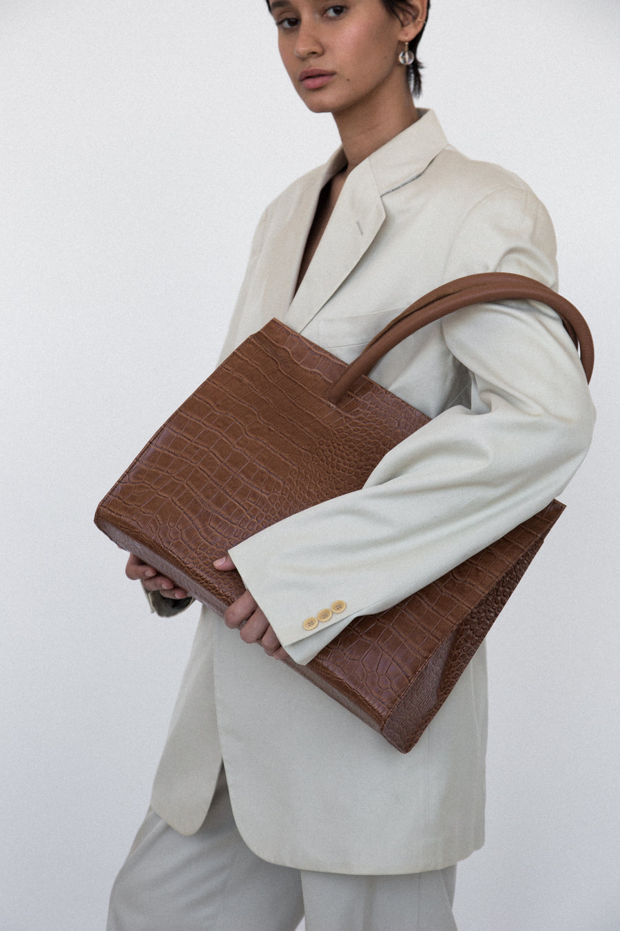 Tan Croc Embossed Genuine Leather Handbags Satchel Bags for Work