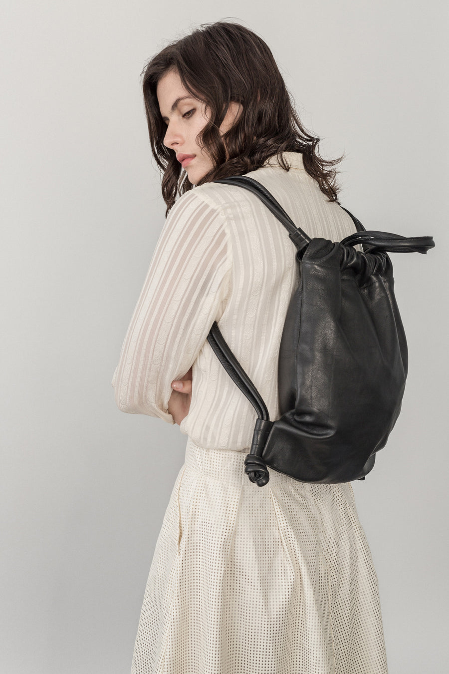 Black Leather Drawstring Backpack